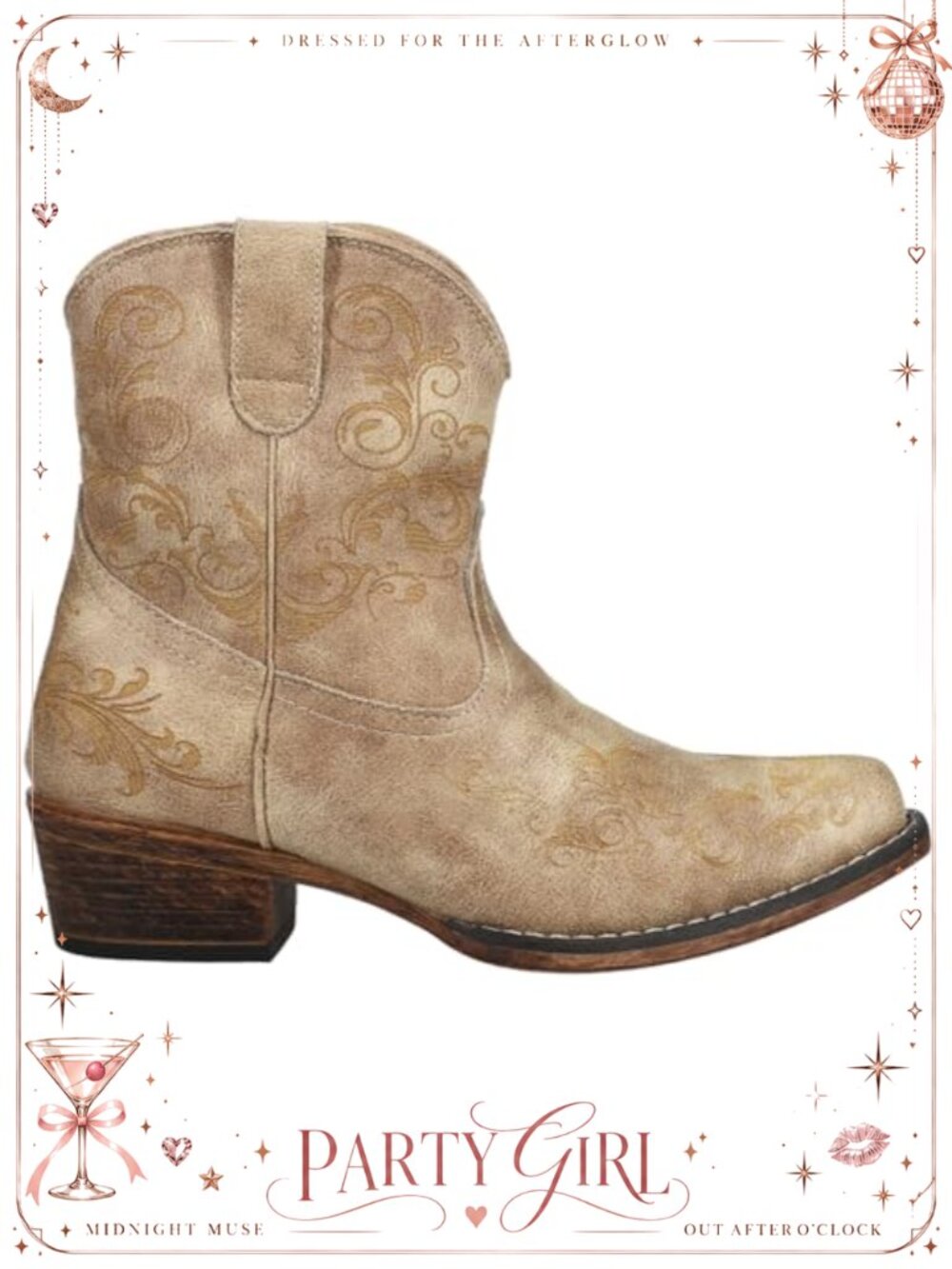 Faux Leather Western Booties Tooled Embroidery Snip Toe Ankle Boots